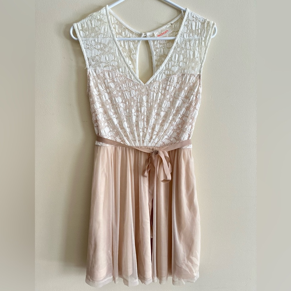 Elegant Cream and Tan Lace Dress